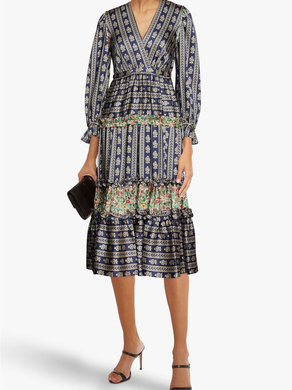 Sandro Navy Floral-Panel V-Neck Tiered Midi Dress